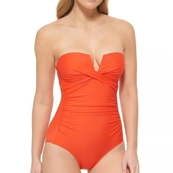 CALVIN KLEIN Women's Split-Neck Bandeau Removable-Strap Tummy-Control Swimsuit - Picture 12 of 13